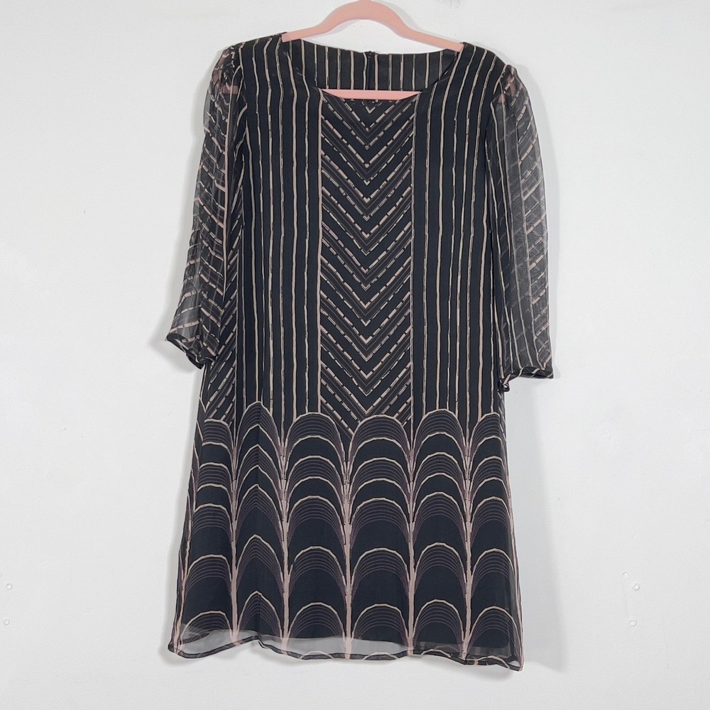 TC Collection Silk Shift Dress Womens M Black Pink Striped Sheer Sleeve